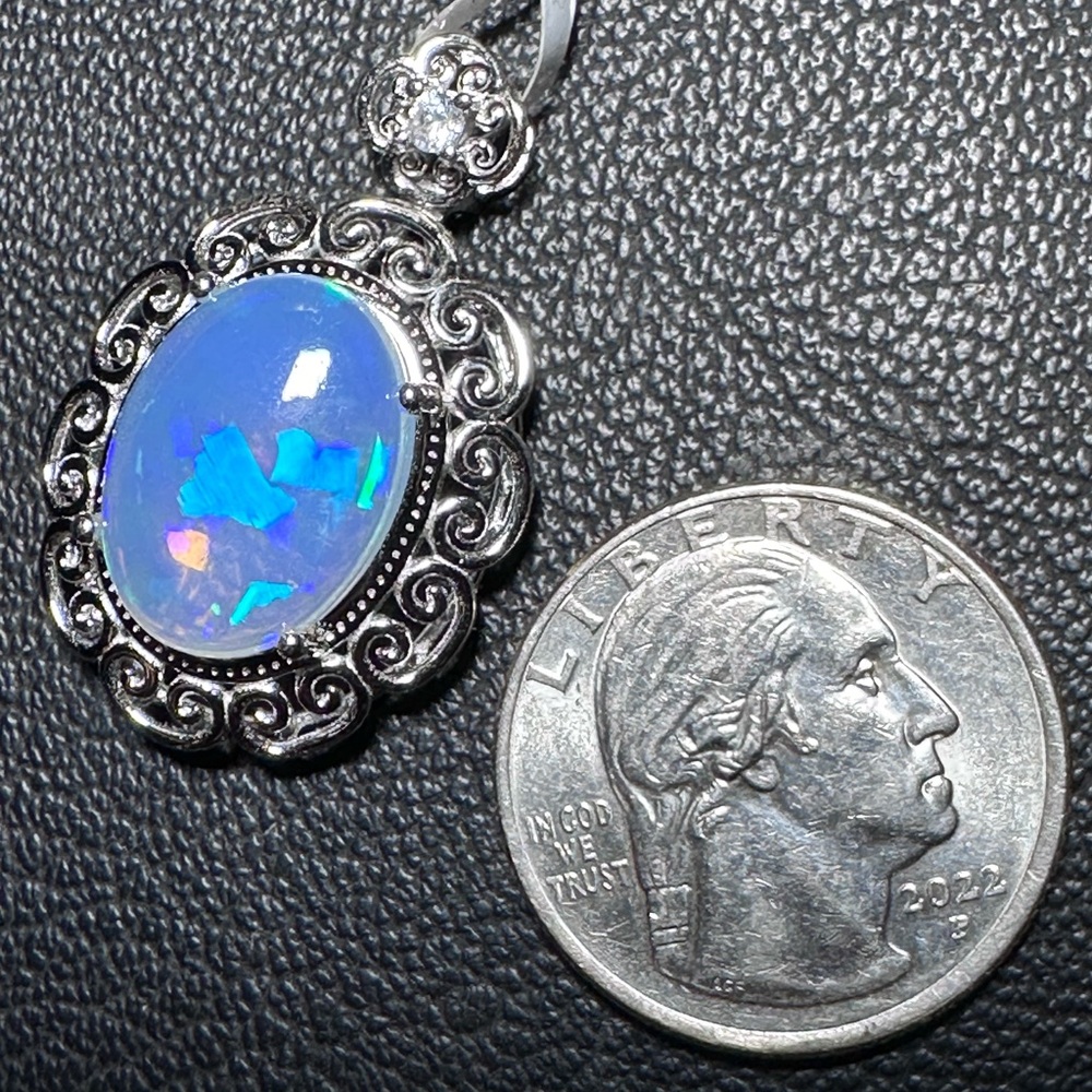 Ethiopan Opal 925 Silver 32mm Pendant CZ Accent Necklace Jewelry Womens Formal